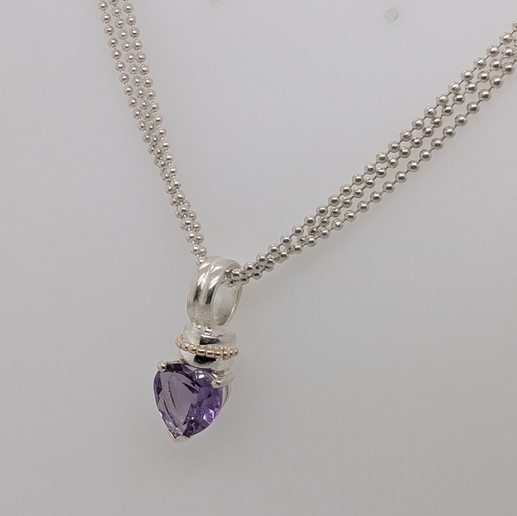 925 Silver Amethyst Pendant w/ 14K Yellow Gold Detailing & Silver Triple Chain - Picture 4 of 6